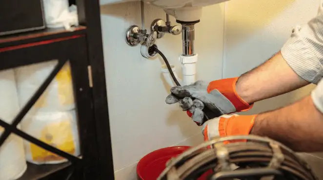 Drain cleaning technician using a motorized plumbing snake to clear a clogged sink pipe in Pittsburgh, PA